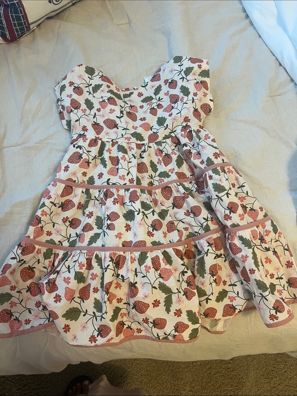 Velvet Fawn Girls Strawberry Print Pink & Green Tiered Summer Dress size 6